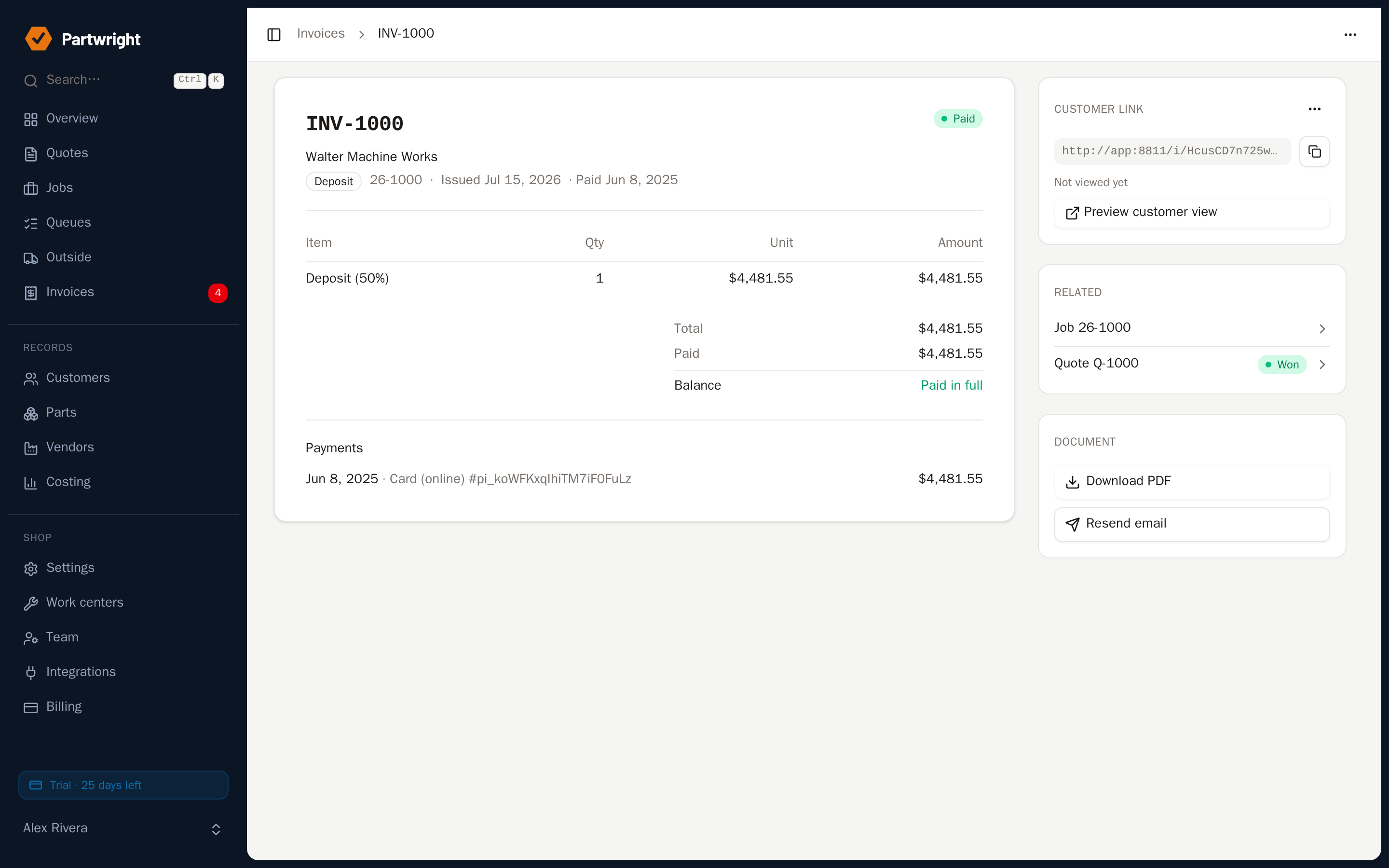 The QuickBooks Online sync status on an invoice, showing it pushed and paid status returned