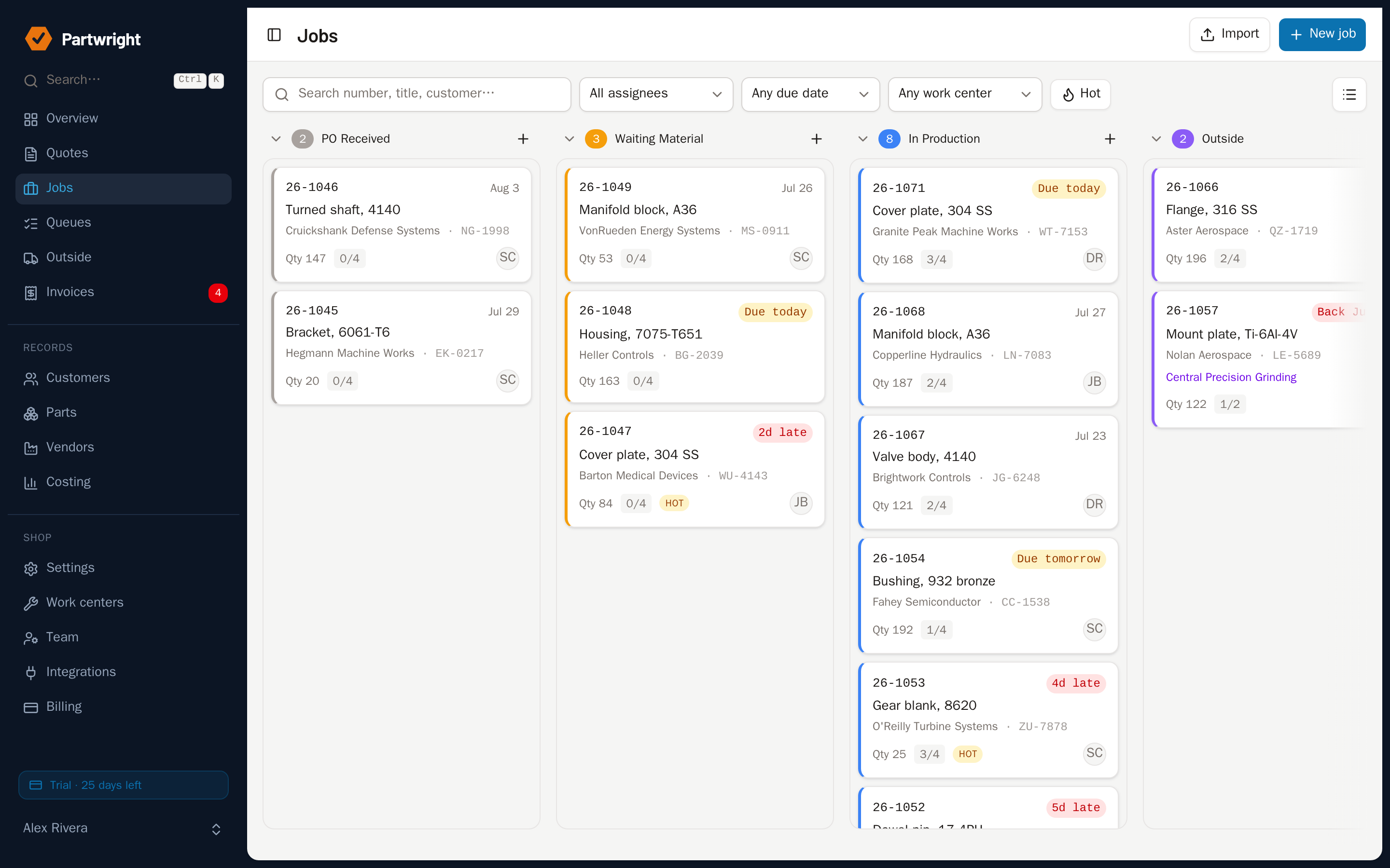 Full status board with columns for each stage and job cards across the shop