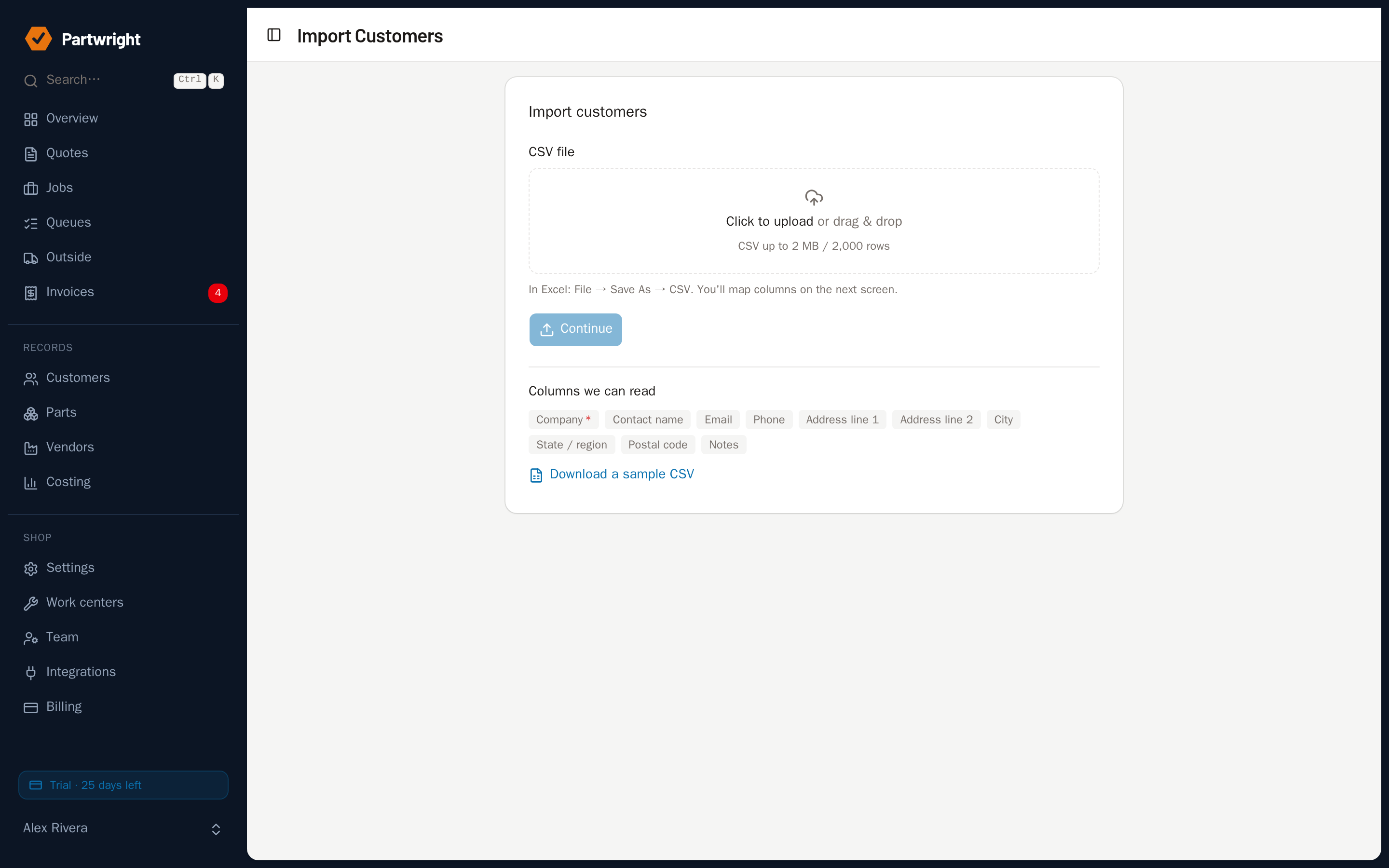 The import wizard mapping step, matching spreadsheet columns to fields with a dry-run preview