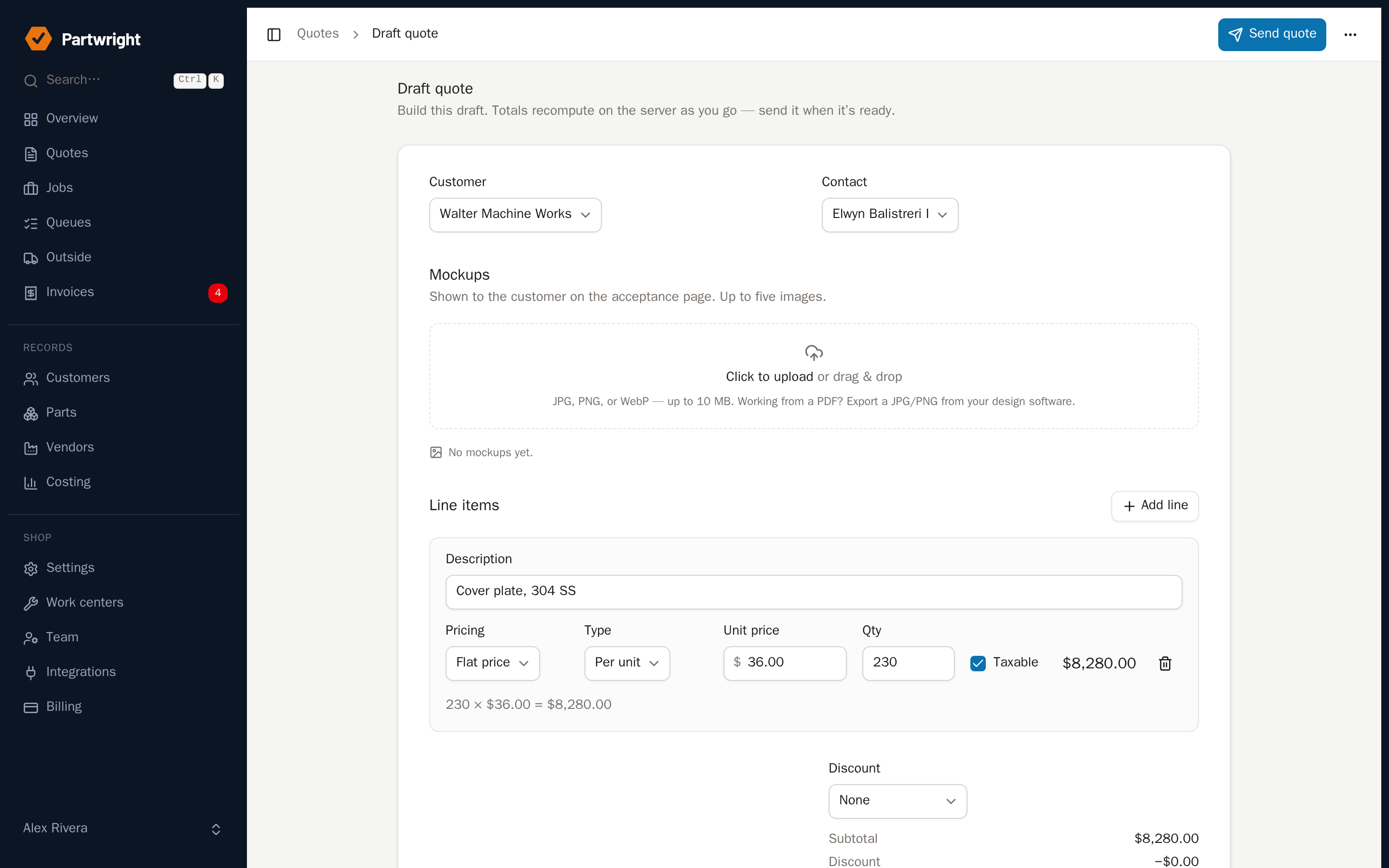 Quote editor with the pricing worksheet open, showing operations, materials, markup and quantity breaks