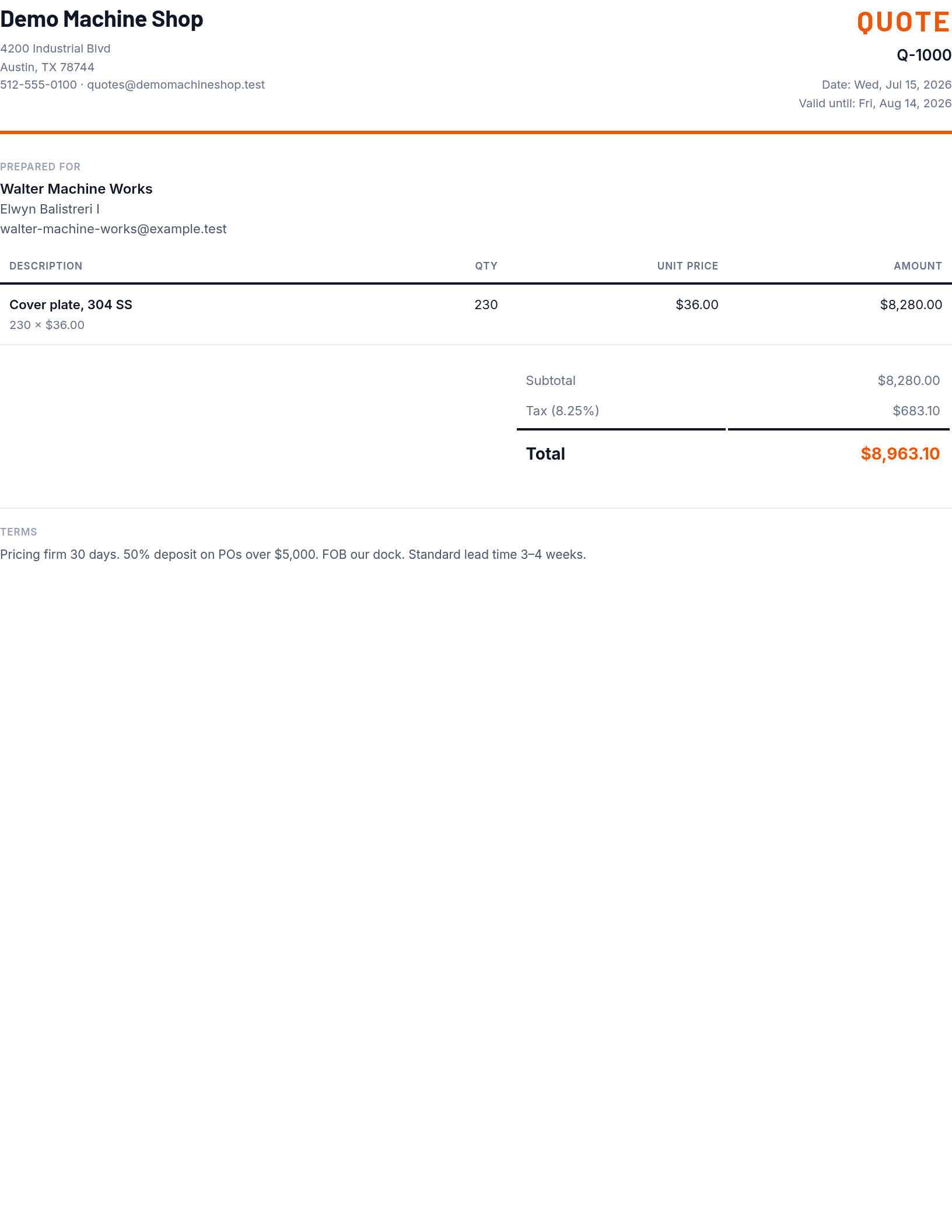 Customer-facing quote PDF with a price and lead time but no internal rates
